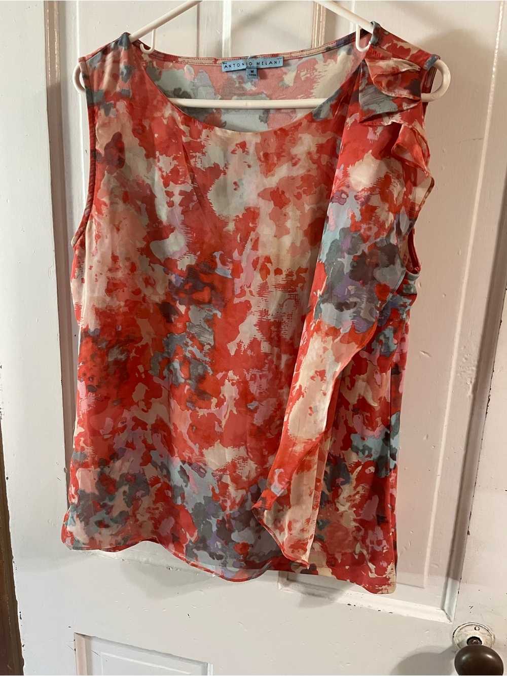 ANTONIO MELANI Coral Red Floral Ruffle Sleeveless Top